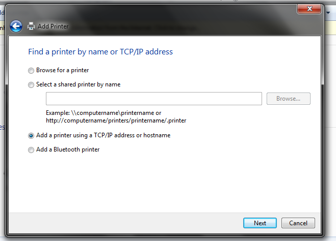 نصب پرینتر گزینه add a printer using a tcp/ip address or hostname