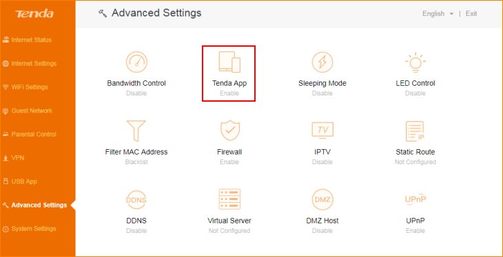  صفحه‌ی تنظیمات روتر گزینه Tenda App