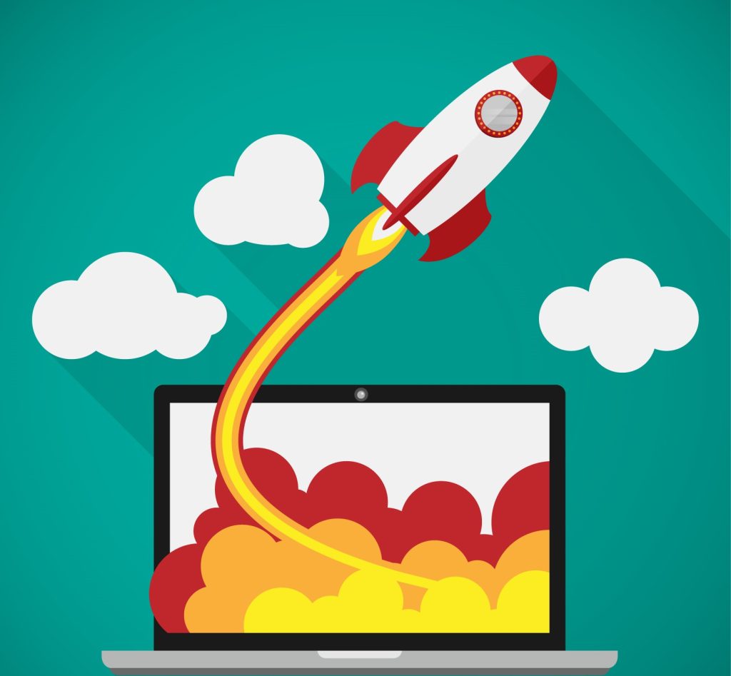 نشان دادن افزایش سرعت اینترنت با موشکی که از لپ تاپ بیرون آمده