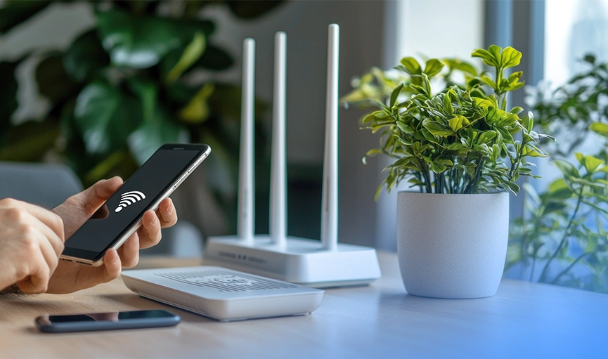 مودم روی میز و تلفن همراه در دست